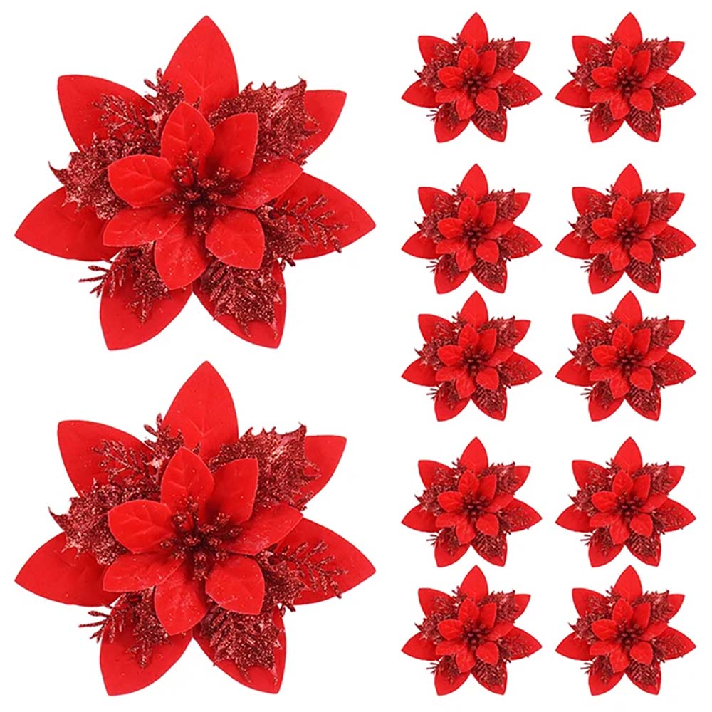 Glitter poinsettia tree flowers (pack of 10, 14.5 cm)